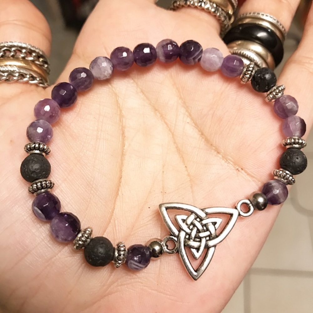 Genuine amethyst celtic triquetra bead bracelet
